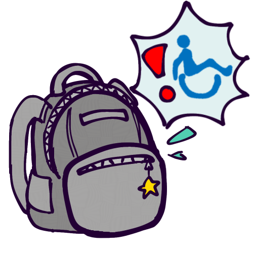 A drawing of a grey backpack and a spiky speech bubble containing a red exclamation point and the disability/handicap symbol consisting of a blue pictogram of a wheelchair user.